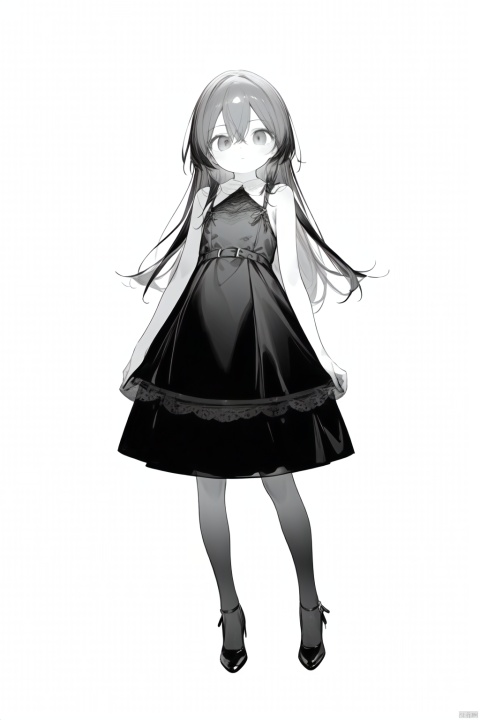 1girl, solo, monochrome, long hair, greyscale, dress, signature, hair between eyes, dated, simple background, white background, sleeveless, full body, looking at viewer, standing, shoes, high heels