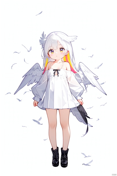1girl, angel, angel_wings, bare_shoulders, bird_tail, bird_wings, black_wings, breasts, cleavage, closed_mouth, collarbone, digitigrade, feathered_wings, feathers, full_body, harpy, kishin_sagume, long_hair, long_sleeves, looking_at_viewer, low_wings, medium_breasts, multicolored_wings, multiple_wings, simple_background, single_wing, solo, spread_wings, standing, talons, very_long_hair, white_background, white_feathers, white_hair, white_wings, wide_sleeves, winged_arms, wings, year_of_the_rooster