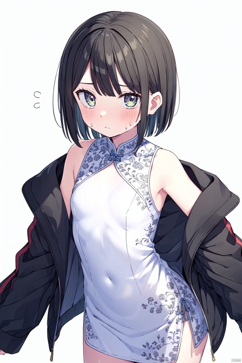 ,1girl, solo, black_hair, white_background, simple_background, jacket, fur_trim, looking_at_viewer, breasts, sleeveless, dress, blush, closed_mouth, fur-trimmed_jacket, bangs, black_jacket, cowboy_shot, china_dress, white_dress, coat, small_breasts, jacket_on_shoulders, sweatdrop, holding_clothes, sleeveless_dress, standing, bare_shoulders, medium_hair, short_hair