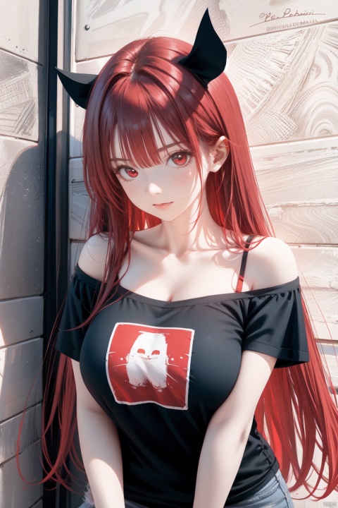  Koakuma, T-shirt, off shoulder, no legwear, upper body, arms at sides, large breasts, Red hair, red eyes, (Shy: 1.2)