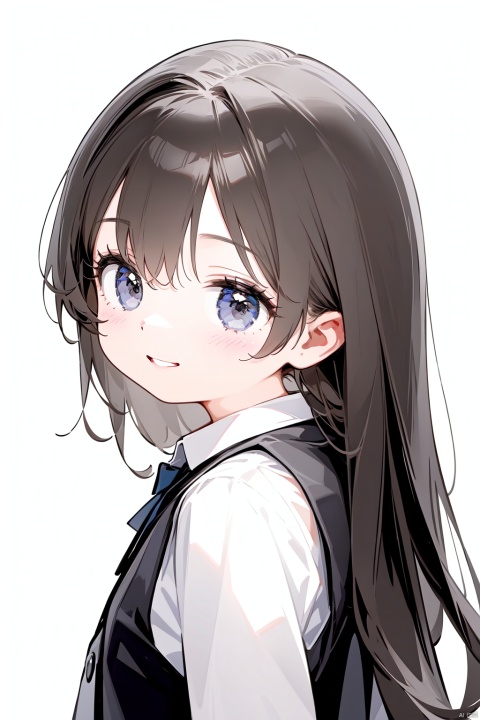 1girl, solo, long_hair, white_background, looking_at_viewer, simple_background, shirt, black_vest, smile, white_shirt, upper_body, blush, black_hair, looking_back, hair_between_eyes, vest, bangs, parted_lips, from_behind, collared_shirt, brown_hair, black_eyes