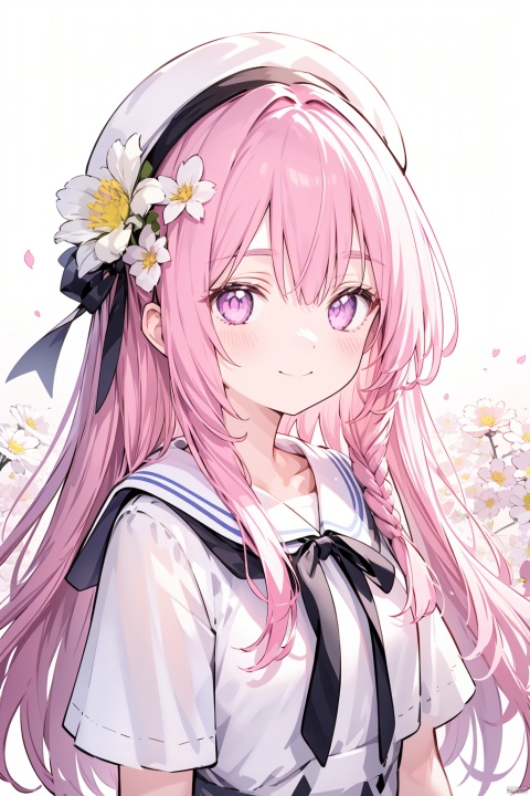  1girl, artist_name, bangs, closed_mouth, flower, gradient, gradient_background, hair_flower, hair_ornament, light_particles, long_hair, looking_at_viewer, pink_eyes, pink_hair, ribbon, sidelocks, smile, solo, upper_body, white_background, white_flower, white_headwear