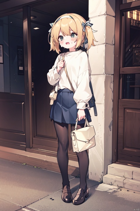 1girl, bag, black_legwear, blonde_hair, crying, food, full_body, gambier_bay_\(kancolle\), hairband, handbag, loafers, long_hair, long_sleeves, open_mouth, orange_hairband, pantyhose, shoes, shoulder_bag, skirt, solo, standing, tears, twintails