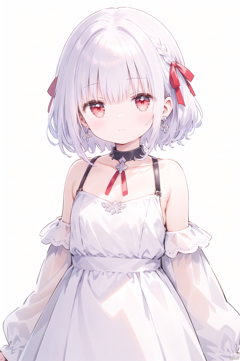 1girl, armor, bangs, bare_shoulders, breasts, collar, detached_sleeves, dress, earrings, gradient, gradient_background, hair_ribbon, jewelry, kama_\(fate\), looking_at_viewer, red_eyes, ribbon, short_hair, silver_hair, solo
