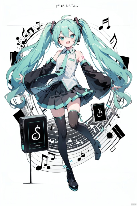 1girl, beamed_eighth_notes, beamed_sixteenth_notes, black_skirt, boots, detached_sleeves, eighth_note, floating_hair, hair_between_eyes, hatsune_miku, holding, long_hair, looking_at_viewer, musical_note, necktie, open_mouth, pleated_skirt, quarter_note, shirt, sixteenth_note, skirt, smile, solo, staff_\(music\), thigh_boots, thighhighs, treble_clef, twintails, very_long_hair, white_legwear