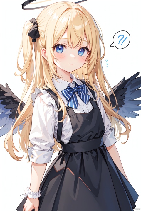 best quality, amazing quality, very aesthetic,long hair, 1girl, solo, halo, long_hair, blue_eyes, blonde_hair, apron, forehead, blue_apron, blush, spoken_blush, bow, wings, skirt, shirt, short_sleeves, two_side_up, black_bow, mini_wings, looking_at_viewer, white_shirt, black_skirt, scrunchie, id_card, wrist_scrunchie, collared_shirt, closed_mouth, strap_slip, striped_bow, very_long_hair, bowtie, blue_background, own_hands_together, striped, twitter_username, black_bowtie, pleated_skirt, white_wings, striped_bowtie, sparkle, bangs, white_scrunchie, flying_sweatdrops
