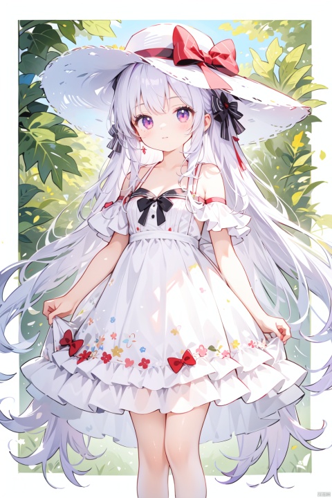 1girl, solo, long_hair, dress, white_dress, red_eyes, hat, bow, white_hair, breasts, ribbon, looking_at_viewer, cleavage, white_headwear, sun_hat, black_bow, day, purple_bow, standing, outdoors, very_long_hair, feet_out_of_frame, bare_shoulders

