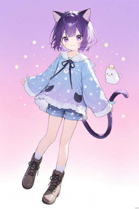 1boy, :3, animal_ears, blue_shirt, blush, boots, brown_footwear, cat_ears, cat_tail, closed_mouth, full_body, gradient, gradient_background, long_sleeves, looking_at_viewer, pink_background, purple_hair, shirt, short_hair, shorts, sleeves_past_wrists, smile, solo, standing, standing_on_one_leg, star_\(symbol\), star_print, tail, virtual_youtuber