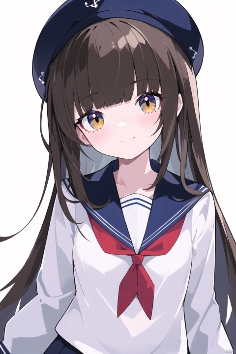 1girl, bangs, beret, blue_neckerchief, blue_sailor_collar, blunt_bangs, blush, bow, brown_eyes, brown_hair, closed_mouth, eyebrows_visible_through_hair, hat, hat_bow, long_hair, long_sleeves, looking_at_viewer, neckerchief, sailor_collar, sailor_hat, school_uniform, serafuku, shirt, simple_background, smile, solo, upper_body, v, w, white_background, white_headwear, white_shirt, yellow_neckerchief