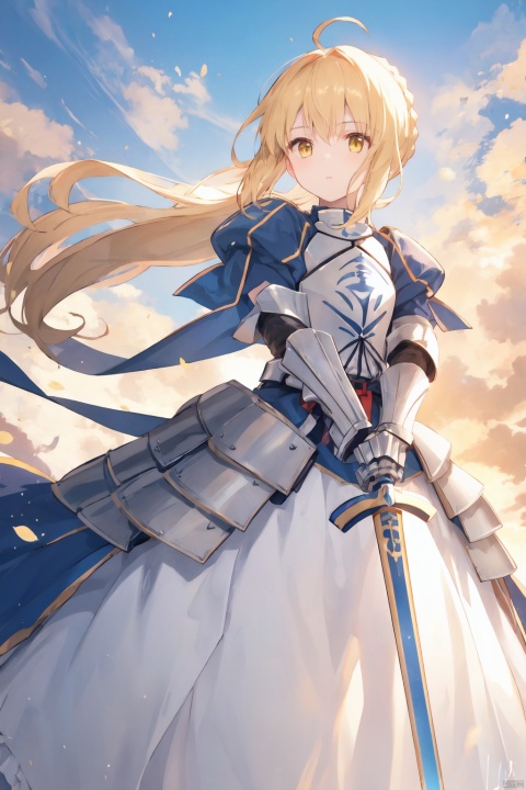 1girl, ahoge, armor, armored_dress, artoria_pendragon_\(fate\), blonde_hair, braid, dress, gauntlets, holding, holding_sword, holding_weapon, looking_at_viewer, saber, signature, solo, weapon, yellow_eyes