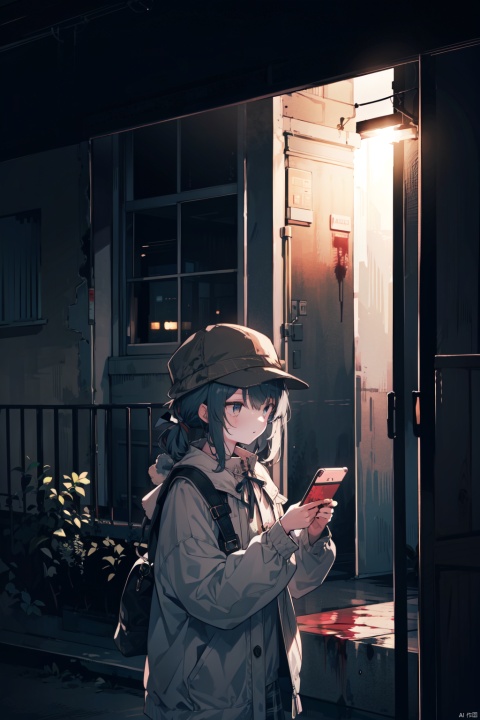 1girl, night, outdoors, solo, holding_phone, hat, bush, cellphone, hat_ribbon, blood, long_sleeves, door