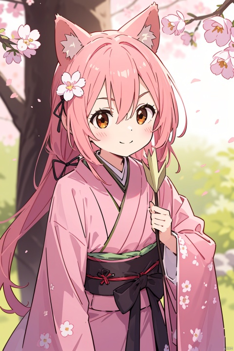 1girl, animal_ear_fluff, animal_ears, arrow_\(projectile\), bangs, bell, blush, braid, branch, brown_eyes, cherry_blossoms, closed_mouth, ema, eyebrows_visible_through_hair, floral_print, flower, hair_between_eyes, hair_flower, hair_ornament, hamaya, hanami, holding, holding_arrow, japanese_clothes, jingle_bell, kimono, long_hair, long_sleeves, looking_at_viewer, obi, petals, pink_flower, pink_hair, print_kimono, sash, sidelocks, smile, solo, spring_\(season\), tree, wide_sleeves