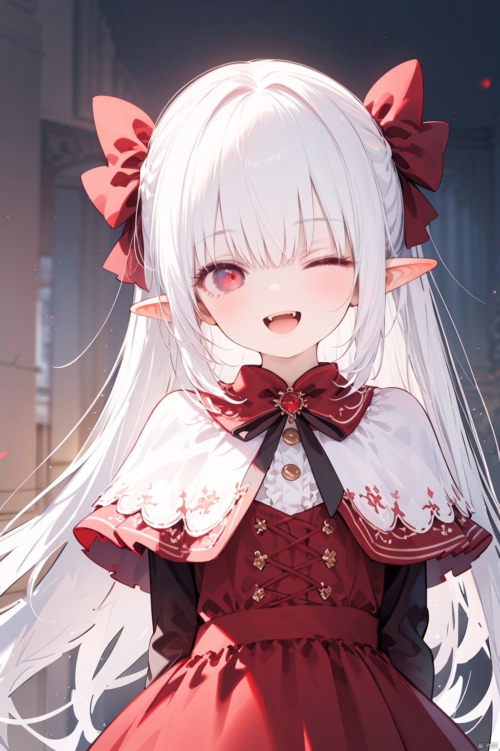  nai3,1girl,white hair,red eyes,1girl, half-closed eyes,arms behind back, solo, long_hair, dress, long_sleeves, smile, fangs, bow, :d, pointy_ears, looking_at_viewer, bangs, frills, open_mouth, very_long_hair, red_bow, blush, hair_bow, sleeves_past_wrists, lolita_fashion, red_dress, capelet, frilled_dress,hair_over_one_eye, vampire,cowboy shot,upper body, best quality, amazing quality, very aesthetic, absurdres,
