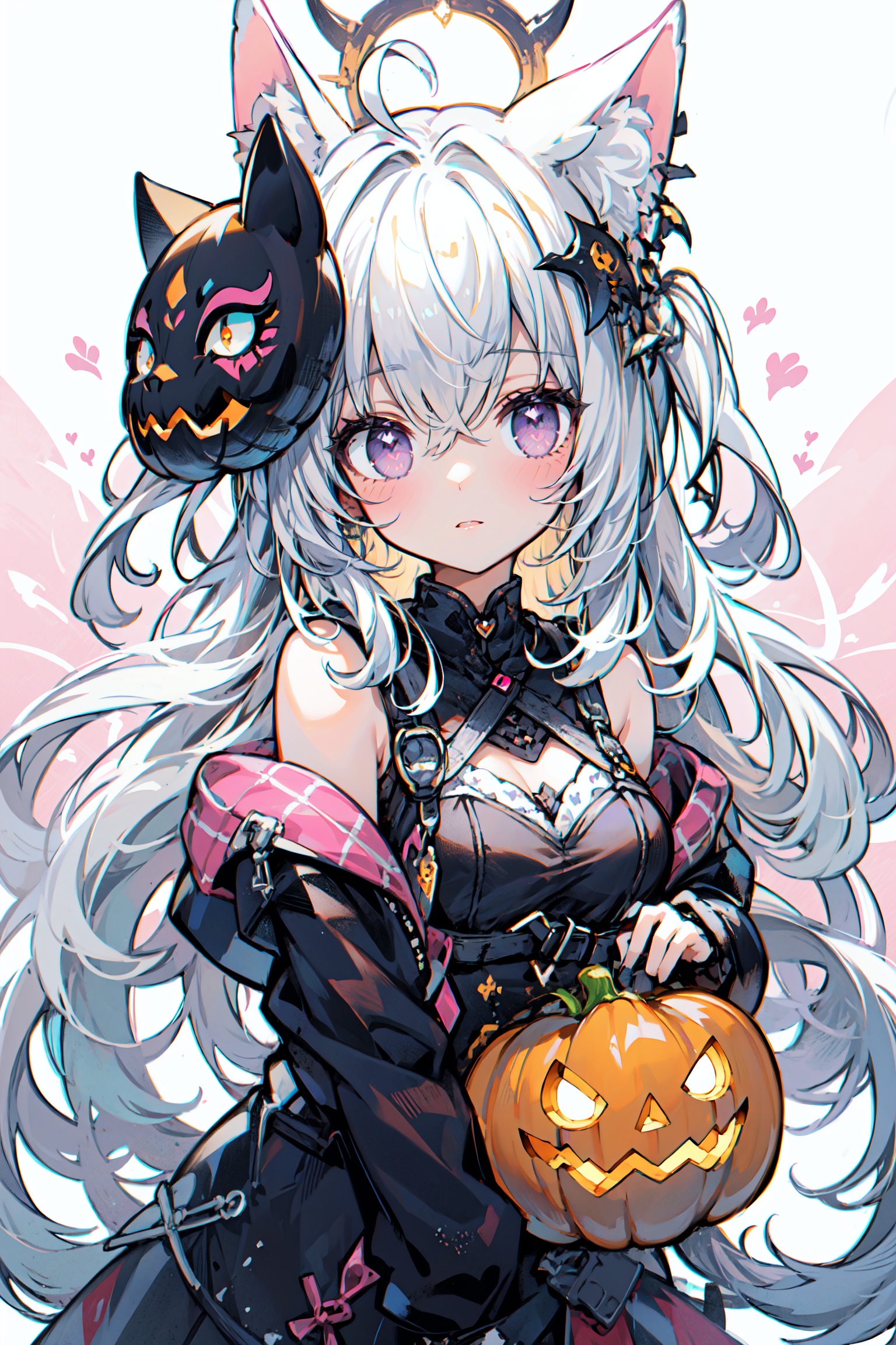  (loli:1.2),(petite:1.2),((masterpiece, best quality)),pumpkin, Pumpkin mask,halloween,1girl,solo,cuty face,Beautiful detailed eye,ray tracing,Reflected light,(very detailed light),(Beautiful Lighting)++++(best quality), [(white background:1.4)::10],masterpiece, best quality,medium breast,bust,best quality,beautiful detailed eyes,(white hair:1.4),(pink gradient hair:1.2),wavy hair,disheveled hair,cat ears,messy hair, long bangs, hairs between eyes,extremely detailed, floating hair,highleg,solo, best quality, masterpiece, highres, original, extremely detailed wallpaper,{an extremely delicate and beautiful},heart antenna hair,purple eyes, {beautiful eyes}, WaHaa, zichun, Pumpkin mask