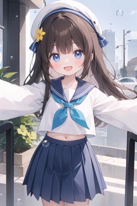 1girl, :d, air_bubble, bangs, blue_eyes, blue_flower, blue_sailor_collar, blue_skirt, blush, brown_hair, bubble, collarbone, eyebrows_visible_through_hair, floral_print, flower, long_hair, long_sleeves, looking_at_viewer, navel, neckerchief, open_mouth, outstretched_arms, pleated_skirt, sailor_collar, school_uniform, serafuku, skirt, smile, snowflakes, solo, water_drop, white_shirt, wide_sleeves