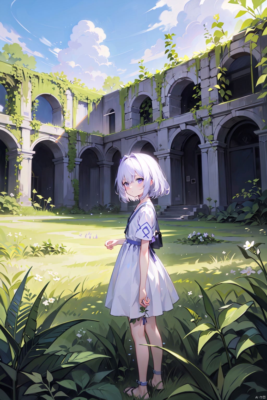 best quality, amazing quality, very aesthetic, absurdres,1girl, solo, purple_eyes, white_hair, overgrown, dress, short_sleeves, white_dress, scenery, grass, ruins, bangs, plant, outdoors, hair_between_eyes, looking_at_viewer, day, vines