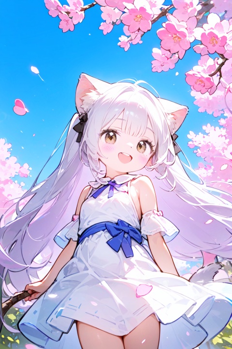 1girl, animal_ears, bangs, bare_shoulders, black_bow, blue_sky, blush, bow, branch, breasts, brown_eyes, cat_ears, cherry_blossoms, cowboy_shot, day, detached_sleeves, eyebrows_visible_through_hair, falling_petals, flower, frills, hair_bow, hanami, long_hair, looking_at_viewer, medium_breasts, open_mouth, outdoors, petals, petals_on_liquid, pink_flower, rose_petals, silver_hair, smile, solo, spring_\(season\), tree, very_long_hair, wind, wisteria