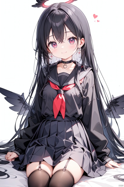 1girl, solo, hasumi_\(blue_archive\), long_hair, black_hair, breasts, red_eyes, school_uniform, skirt, wings, mole, looking_at_viewer, large_breasts, garter_belt, thighhighs, halo, mole_under_eye, hair_between_eyes, choker, serafuku, black_skirt, closed_mouth, very_long_hair, black_thighhighs, garter_straps, sailor_collar, sitting, holding, long_sleeves, black_choker, black_serafuku, bangs, black_wings, smile, shirt, holding_hair, black_shirt, blush, collarbone, neckerchief, necktie, white_sailor_collar, cleavage