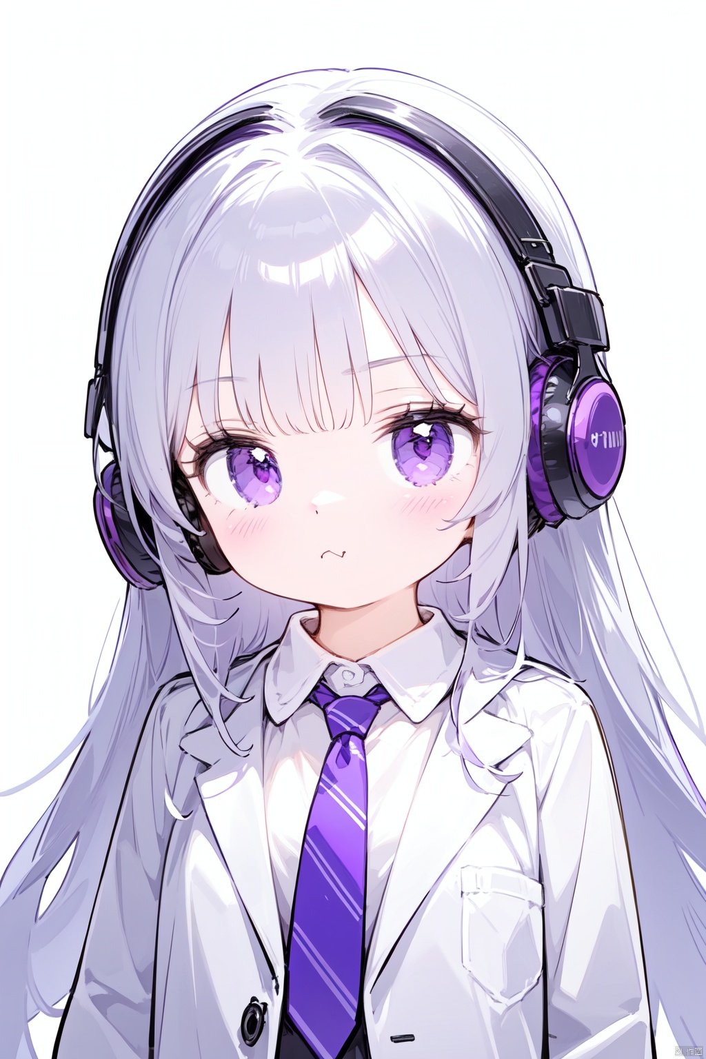  1girl, anger_vein, bangs, blue_necktie, blunt_bangs, blush, breasts, closed_mouth, collared_shirt, eyebrows_visible_through_hair, headphones, jacket, long_hair, long_sleeves, looking_at_viewer, necktie, pout, purple_eyes, shirt, silver_hair, simple_background, solo, upper_body, white_background, white_jacket