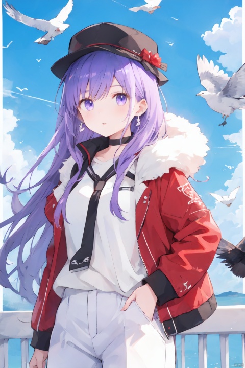 1girl, animal, bird, bird_on_shoulder, black_feathers, black_headwear, blue_sky, breasts, crow, day, dove, eagle, earrings, feathered_wings, feathers, flock, fur_collar, fur_trim, hat, jacket, long_hair, looking_at_viewer, medusa_\(fate\), outdoors, pants, pigeon, purple_eyes, purple_hair, red_jacket, seagull, sky, very_long_hair, white_feathers, white_pants