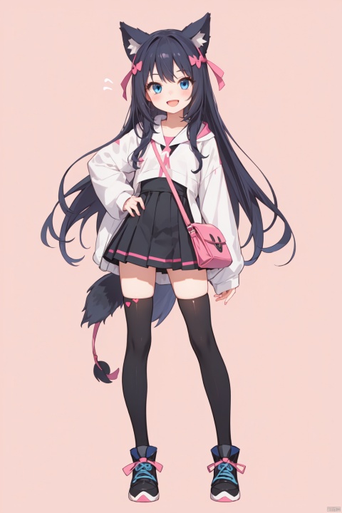 1girl, animal_ears, blue_eyes, blush, full_body, open_mouth, pink_background, pokemon_\(creature\), simple_background, smile, standing, thighhighs