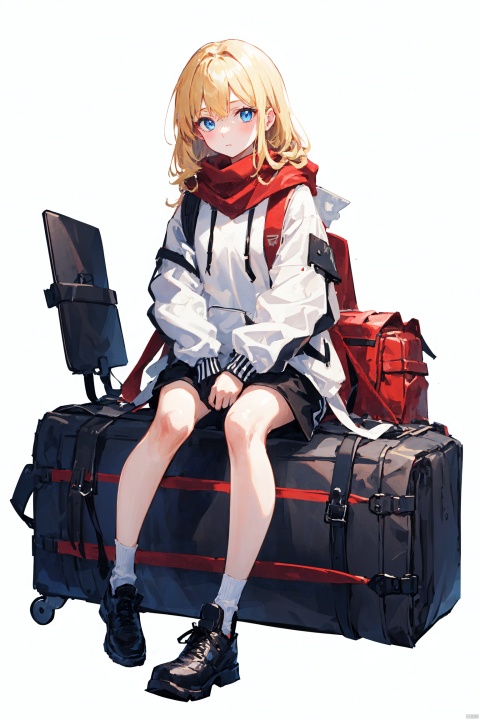 1girl, backpack, bag, bangs, blonde_hair, blue_eyes, can, closed_mouth, cross-laced_footwear, full_body, hood, hoodie, jacket, knees_up, long_hair, long_sleeves, looking_at_viewer, red_scarf, scarf, shoes, shorts, simple_background, sitting, sleeves_past_wrists, solo, white_background