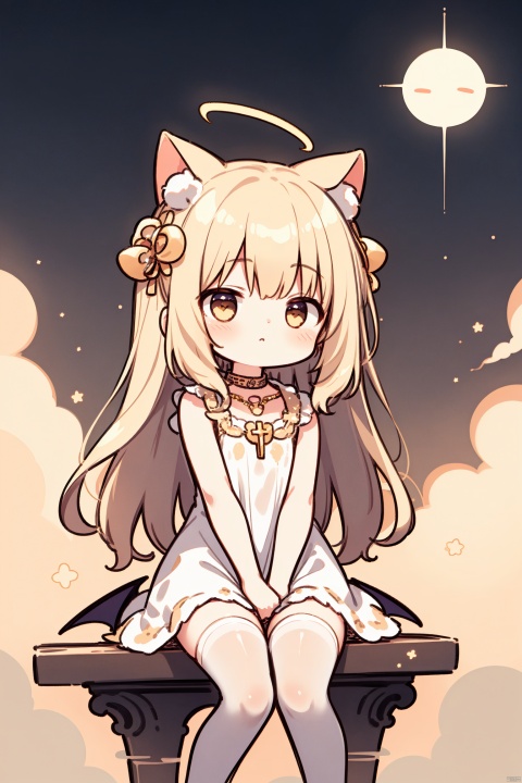  white hair, yellow eyes, looking up, stockings, long hair, hime cut, messy hair, floating hair, demon wings, halo, cross necklace, holy, divinity, shine, holy light, cat girl, (loli), (petite), solo