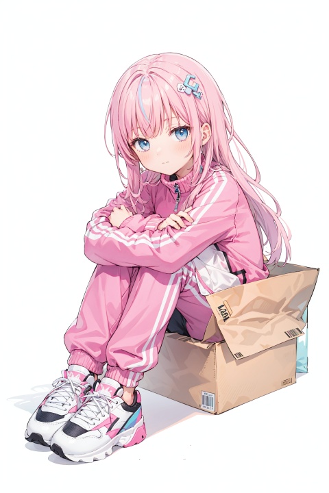  solo, pink pants, blue eyes, pink hair, white background, pink jacket, white footwear, 1girl, simple background, pants, sitting, track suit, shoes, jacket, looking at viewer, track jacket, bangs, long hair, gotou hitori, full body, sneakers, long sleeves, track pants, hair ornament, closed mouth, cube hair ornament