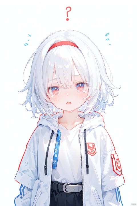 1girl, solo, short hair, bangs, simple background, red eyes, white background, jacket, upper body, white hair, hairband, parted lips, belt, tears, hood, hair over one eye, wet, glowing, white jacket, hood down, crying, hooded jacket, crying with eyes open