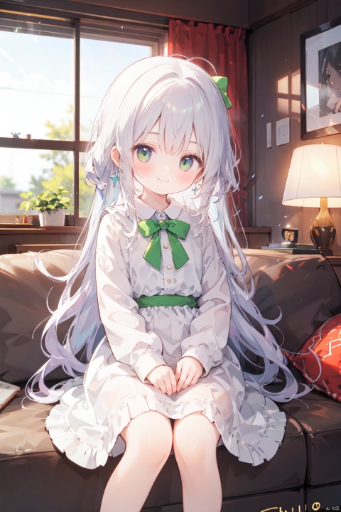 1girl, artist_name, blurry, blurry_background, blurry_foreground, bow, closed_mouth, couch, curtains, day, depth_of_field, dress, earrings, eyebrows_visible_through_hair, green_eyes, indoors, jewelry, long_hair, long_sleeves, looking_at_viewer, sitting, smile, solo, very_long_hair, window, yellow_bow,loli,(petite:1.2)