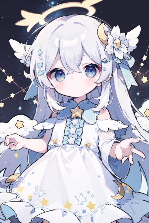 1girl, angel, angel_wings, blue_eyes, blue_flower, constellation, crescent, cross, dress, feathered_wings, flower, hair_between_eyes, hair_ornament, halo, long_hair, looking_at_viewer, planet, solo, star_\(sky\), star_\(symbol\), star_hair_ornament, star_print, starfish, starry_background, starry_sky, very_long_hair, white_feathers, white_hair, white_wings, wings