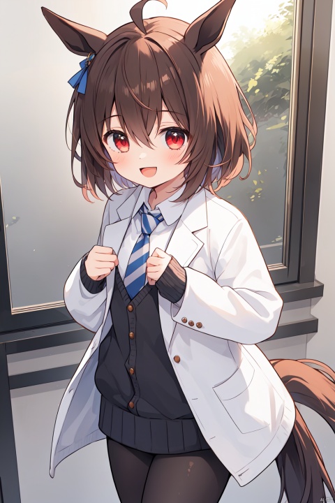 (masterpiece),(best quality),1girl, agnes_tachyon_\(umamusume\), solo, animal_ears, horse_ears, sleeves_past_wrists, brown_hair, tail, horse_girl, pantyhose, horse_tail, labcoat, red_eyes, ahoge, sleeves_past_fingers, hair_between_eyes, smile, looking_at_viewer, black_pantyhose, test_tube, shirt, necktie, open_mouth, bangs, short_hair, collared_shirt, earrings, long_sleeves, sweater, black_shirt, black_necktie, :d, sweater_vest, jewelry, open_clothes