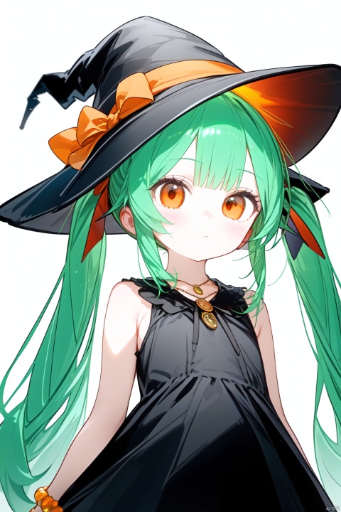1girl, long hair, hat, dress, cat, black dress, solo, very long hair, green hair, jewelry, animal, white background, holding, looking at viewer, witch hat, sleeveless, holding animal, black headwear, simple background, twintails, bangs, holding cat, bracelet, closed mouth, orange eyes, witch, sleeveless dress, hair ornament, necklace, artist name, signature, bow, standing, bare shoulders, orange ribbon