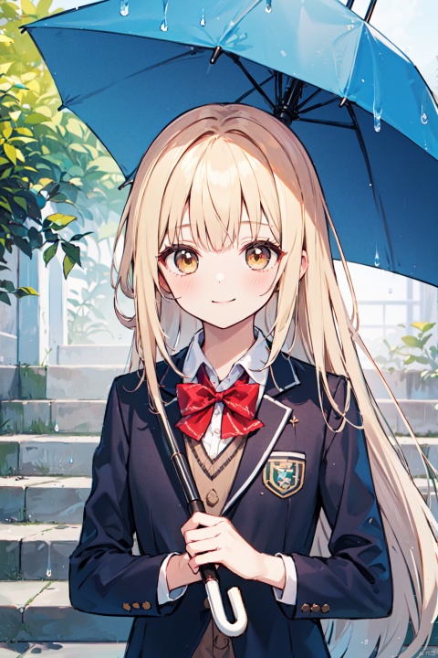 1girl, solo, long hair, looking at viewer, smile, blonde hair, shirt, bow, holding, brown eyes, closed mouth, school uniform, jacket, white shirt, upper body, outdoors, collared shirt, bowtie, red bow, copyright name, leaf, umbrella, blazer, red bowtie, rain, stairs, holding umbrella, masterpiece, best quality,
