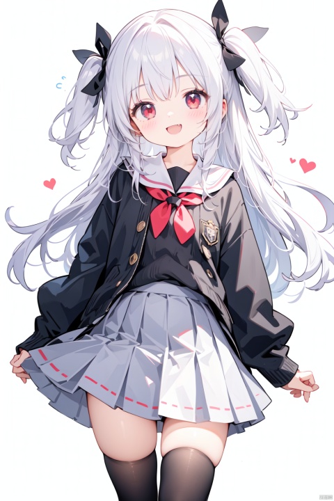 1girl, one_eye_closed, solo, thighhighs, red_eyes, skirt, open_mouth, heart, blush, smile, ;d, school_uniform, zettai_ryouiki, white_background, two_side_up, looking_at_viewer, long_hair, simple_background, hair_ornament, grey_thighhighs, ribbon, white_hair, pleated_skirt, hair_ribbon, fang