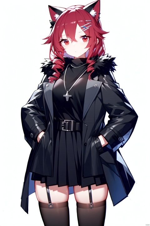 1girl,solo,cat girl,1girl, solo, looking at viewer, long hair, drill hair, red eyes, skirt, simple background, shirt, hair ornament, thighhighs, long sleeves, white background, hair between eyes, jewelry, closed mouth, red hair, cowboy shot, open clothes, alternate costume, hairclip, belt, black thighhighs, virtual youtuber, black skirt, necklace, zettai ryouiki, coat, black shirt, turtleneck, hair intakes, open coat, black coat, hands in pockets, ange katrina