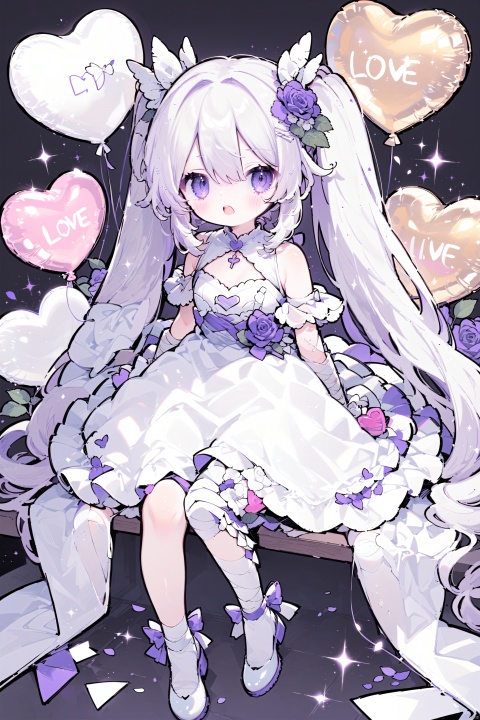  1girl, bandaged_arm, bandaged_leg, bandages, bare_shoulders, bow, detached_sleeves, dress, flower, hair_flower, hair_ornament, heart, heart_balloon, long_hair, looking_at_viewer, open_mouth, purple_eyes, rose, sitting, solo, sparkle, twintails, very_long_hair, wedding_dress, white_dress, white_footwear, white_hair
