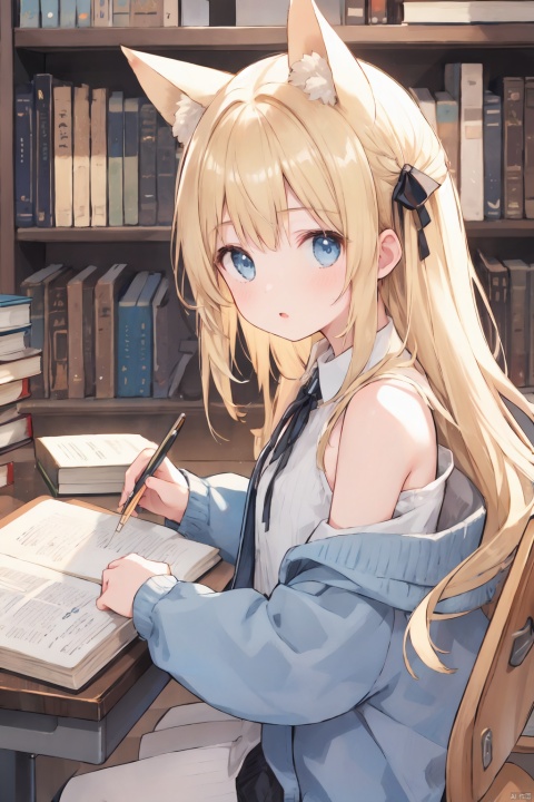 1girl, animal_ears, bare_shoulders, blonde_hair, book, book_stack, bookmark, bookshelf, chair, clipboard, desk,