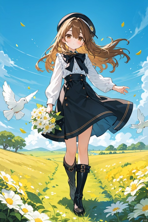 1girl, bangs, bird, black_footwear, black_headwear, blue_flower, blue_sky, blush, boots, bouquet, bow, brown_eyes, brown_hair, cloud, cloudy_sky, daisy, dandelion, day, dove, eyebrows_visible_through_hair, field, flower, flower_field, frills, full_body, hair_between_eyes, hat, holding_flower, knee_boots, leaf, leaves_in_wind, lily_\(flower\), long_hair, long_sleeves, looking_at_viewer, mini_hat, mini_top_hat, petals, shirt, skirt, sky, solo, standing, top_hat, very_long_hair, white_flower, white_rose, white_shirt, yellow_flower