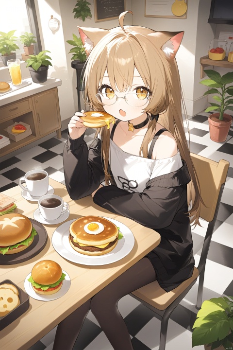 1girl, ahoge, animal_ears, bare_shoulders, book, bread, brown_hair, burger, cake, cat_ears, chair, checkered_floor, choker, coffee, coffee_mug, collarbone, cup, drink, drinking_glass, food, fork, fried_egg, fruit, glasses, indoors, long_hair, long_sleeves, looking_at_viewer, mug, off_shoulder, open_mouth, pancake, plant, plate, potted_plant, sandwich, sitting, solo, star_\(symbol\), table, tea, toast, tomato, tray