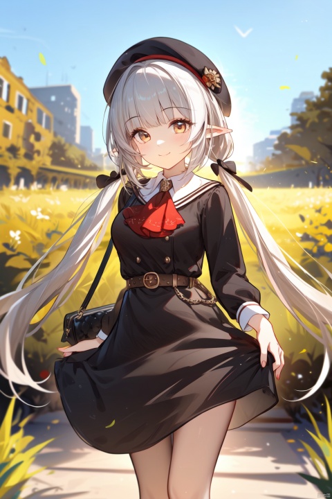 best quality, amazing quality, very aesthetic,1girl, solo, dress, bangs, belt, pointy_ears, black_dress, looking_at_viewer, long_sleeves, ascot, twintails, hat, outdoors, bag, smile, white_hair, feet_out_of_frame, closed_mouth, standing, shoulder_bag, black_headwear, red_ascot, skirt_hold, long_hair, buckle, low_twintails, belt_buckle, plant, bow, brown_belt, blunt_bangs, dated, beret, handbag, hair_bow, brown_eyes, day