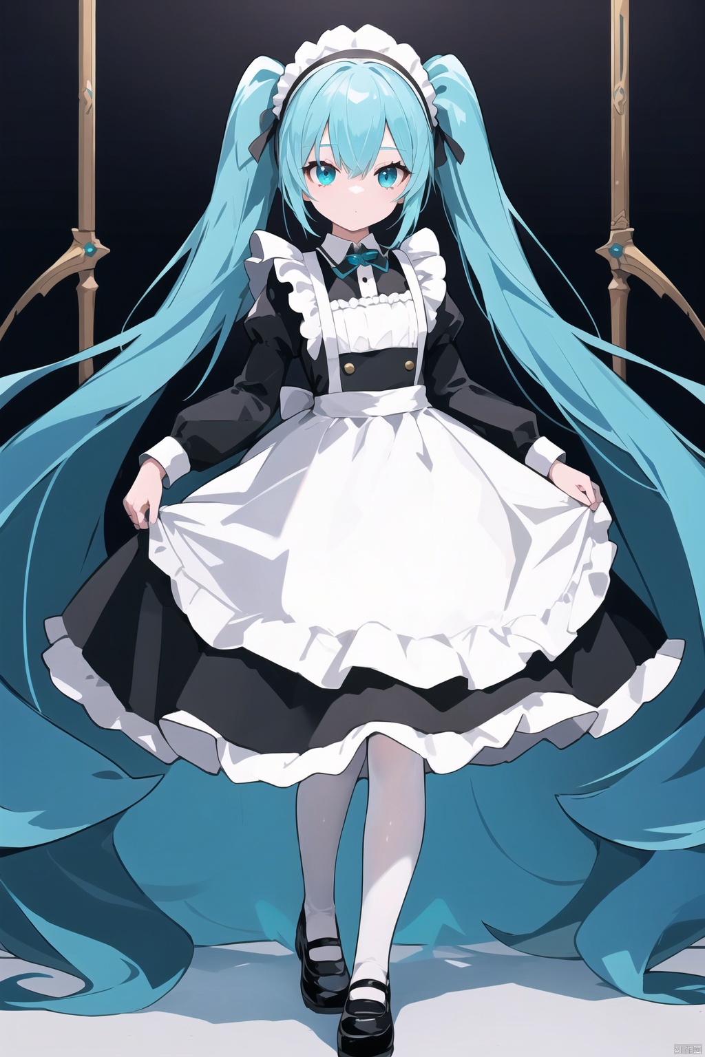 1girl, absurdly_long_hair, apron, aqua_hair, black_footwear, dress, frills, full_body, hatsune_miku, holding, holding_sword, long_hair, long_sleeves, maid, maid_apron, maid_headdress, solo, sword, twintails, very_long_hair, weapon, white_legwear