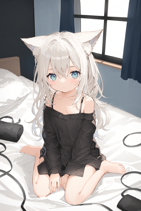  1girl, solo, long_hair, blue_eyes, looking_at_viewer, shirt, black_shirt, bangs,collarbone,white hair, long_sleeves, closed_mouth, messy_hair, hair_between_eyes, bare_shoulders, off_shoulder,cat ears,bed,window,wariza,from above,loli,petite