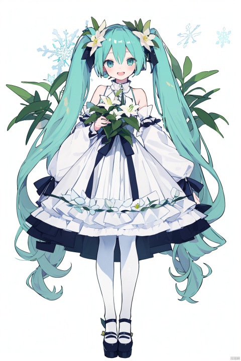  1girl, bangs, bare_shoulders, blue_eyes, branch, detached_sleeves, dress, floral_background, flower, frills, full_body, hair_ornament, hatsune_miku, holding, layered_dress, leaf, lily_\(flower\), lily_of_the_valley, long_hair, long_sleeves, looking_at_viewer, musical_note, open_mouth, plant, potted_plant, smile, snowflakes, standing, twintails, very_long_hair, white_background, white_flower, white_legwear, yuki_miku