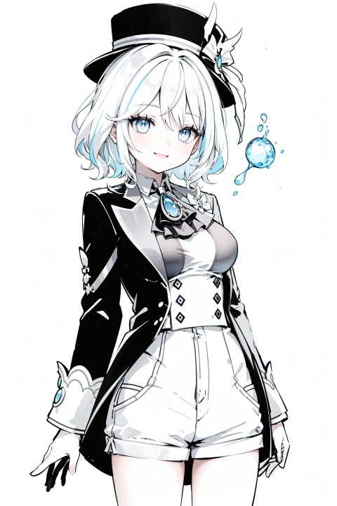  (petite:1.2),(cute:1.2),1girl:1.2,(hat:1.1),solo,(Detailed ice),(detailed water),(medium breasts:1.3),multicolored hair,blue eyes,ascot,brooch,long sleeves,black jacket,blue bow,white shorts,smile, yushui, backlight, Beast Spirit Guardian, greyscale,greyscale,