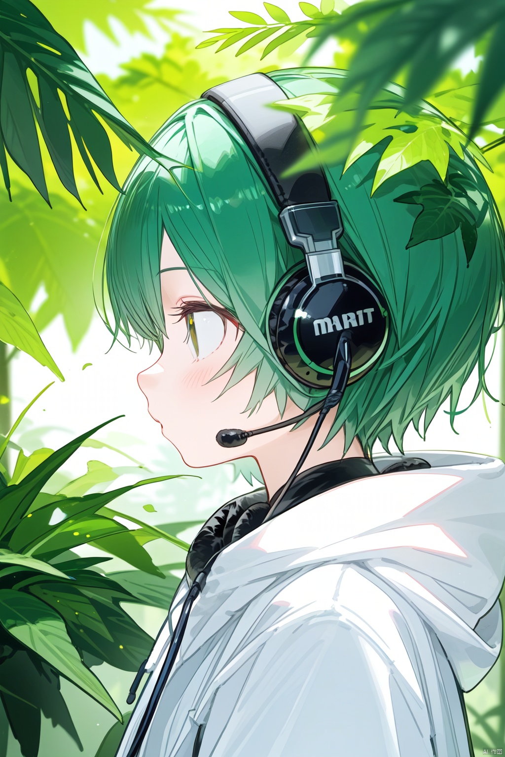 fish, solo, profile, headset, plant, leaf, headphones, male focus, 1boy, from side, short hair, hood, microphone, upper body