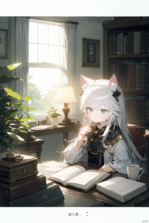 best quality, amazing quality, very aesthetic, absurdres,phonograph, letterboxed, 1girl, instrument, lamp, solo, grey_hair, animal_ears, long_hair, indoors, chair, english_text, window, cup, sitting, plant, book, grey_eyes