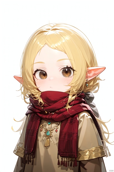 1girl, blonde_hair, brown_eyes, closed_mouth, elf, forehead, jewelry, lalafell, long_hair, looking_at_viewer, necklace, pointy_ears, scarf, simple_background, solo, upper_body, white_background