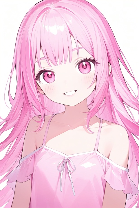 1girl, bangs, bare_shoulders, blush, collarbone, eyebrows_visible_through_hair, long_hair, looking_at_viewer, parted_lips, pink_hair, pink_theme, simple_background, smile, solo, white_background