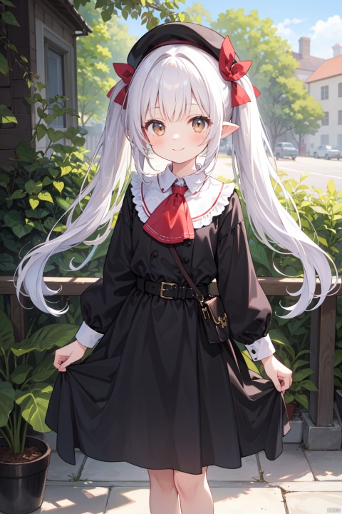 best quality, amazing quality, very aesthetic,1girl, solo, dress, bangs, belt, pointy_ears, black_dress, looking_at_viewer, long_sleeves, ascot, twintails, hat, outdoors, bag, smile, white_hair, feet_out_of_frame, closed_mouth, standing, shoulder_bag, black_headwear, red_ascot, skirt_hold, long_hair, buckle, low_twintails, belt_buckle, plant, bow, brown_belt, blunt_bangs, dated, beret, handbag, hair_bow, brown_eyes, day